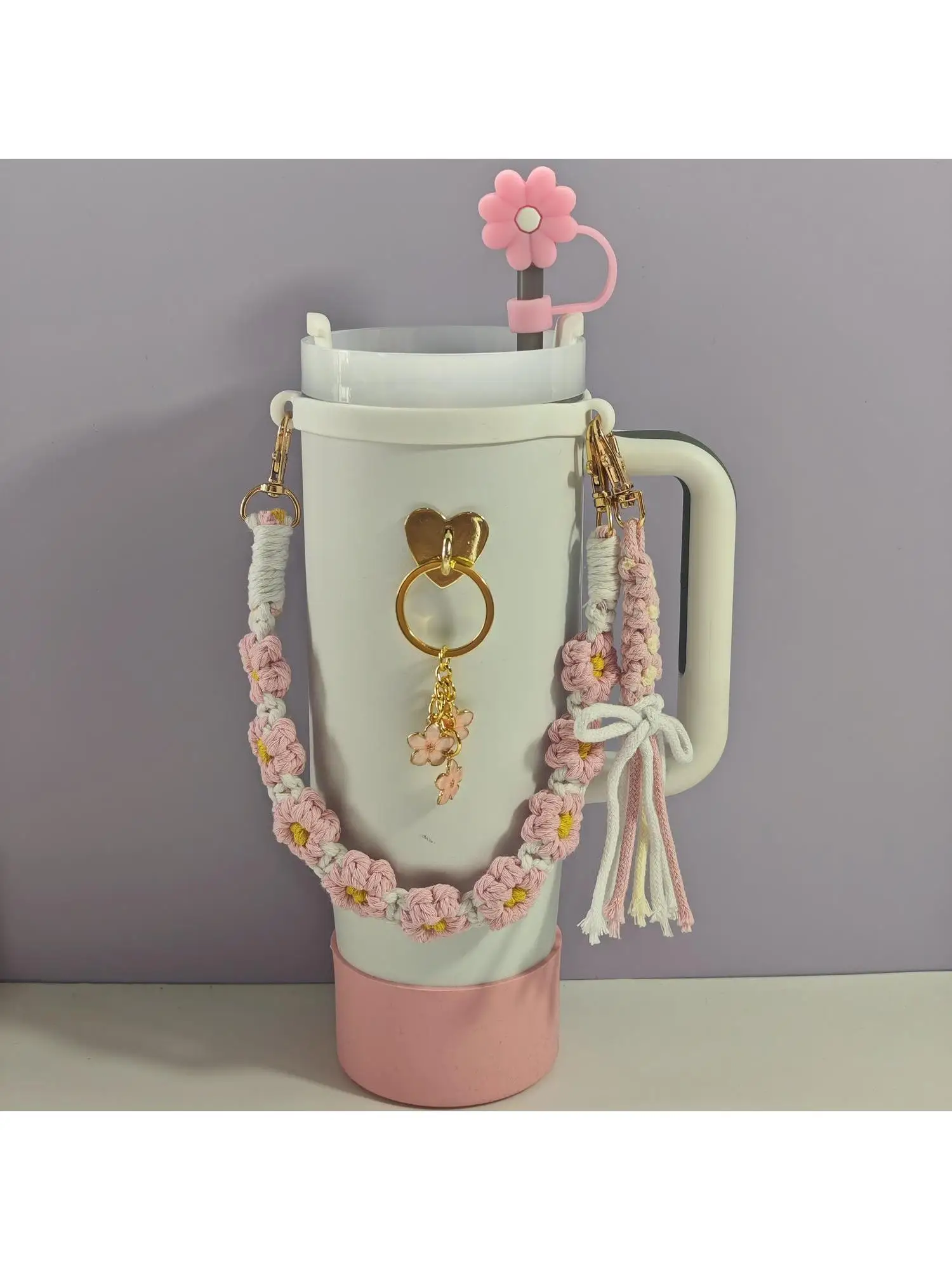 Stanley Tumbler Accessory Set Floral Straw Topper Silicone Sleeve Mini Pom Pom Key Charm Carry Strap for Beverage Insulation