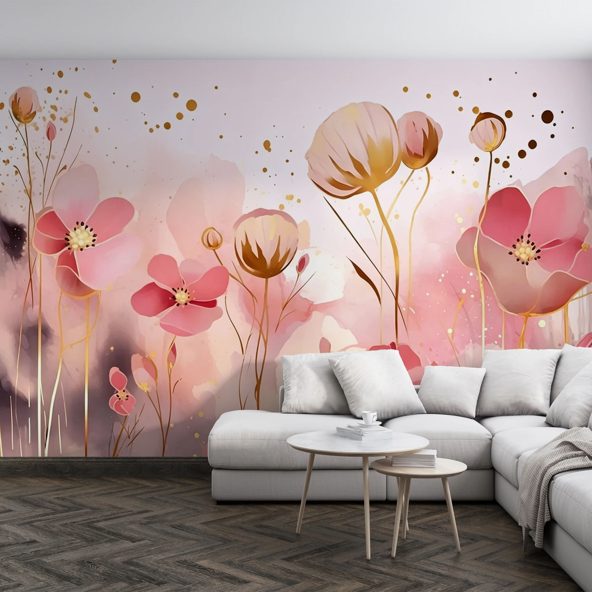 Pink Golden Poppy Floral Wallpaper, Watercolor Flower Wall Mural, Girls Bedroom Background Wall Decor