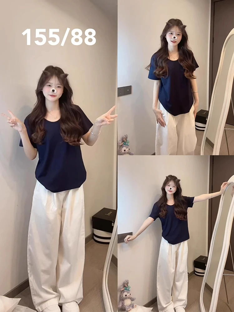 

Korean Style Casual Sports Set Women Summer Simple Shoulder Short Sleeve T-Shirt Wide Leg Pants Small Size Two-Piece Set