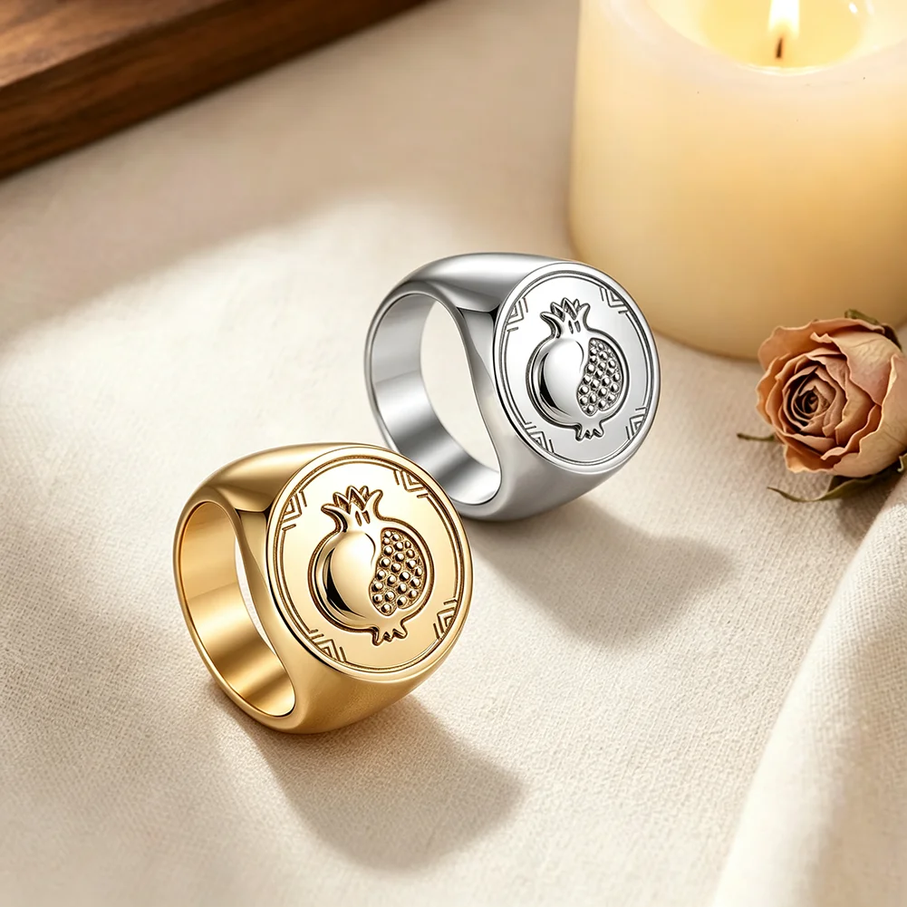 Pomegranate Signet Ring for Men Women Stainless Steel Embossed Pomegranate Jewish Religious Finger Ring Amulet Faith Jewelry