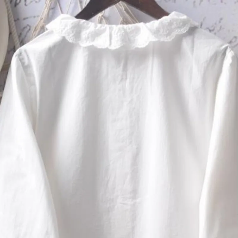 OCEANLOVE-Chemisier à volants en dentelle blanche pour femme, blouse à col claudine, couleur unie, style japonais, mode printemps