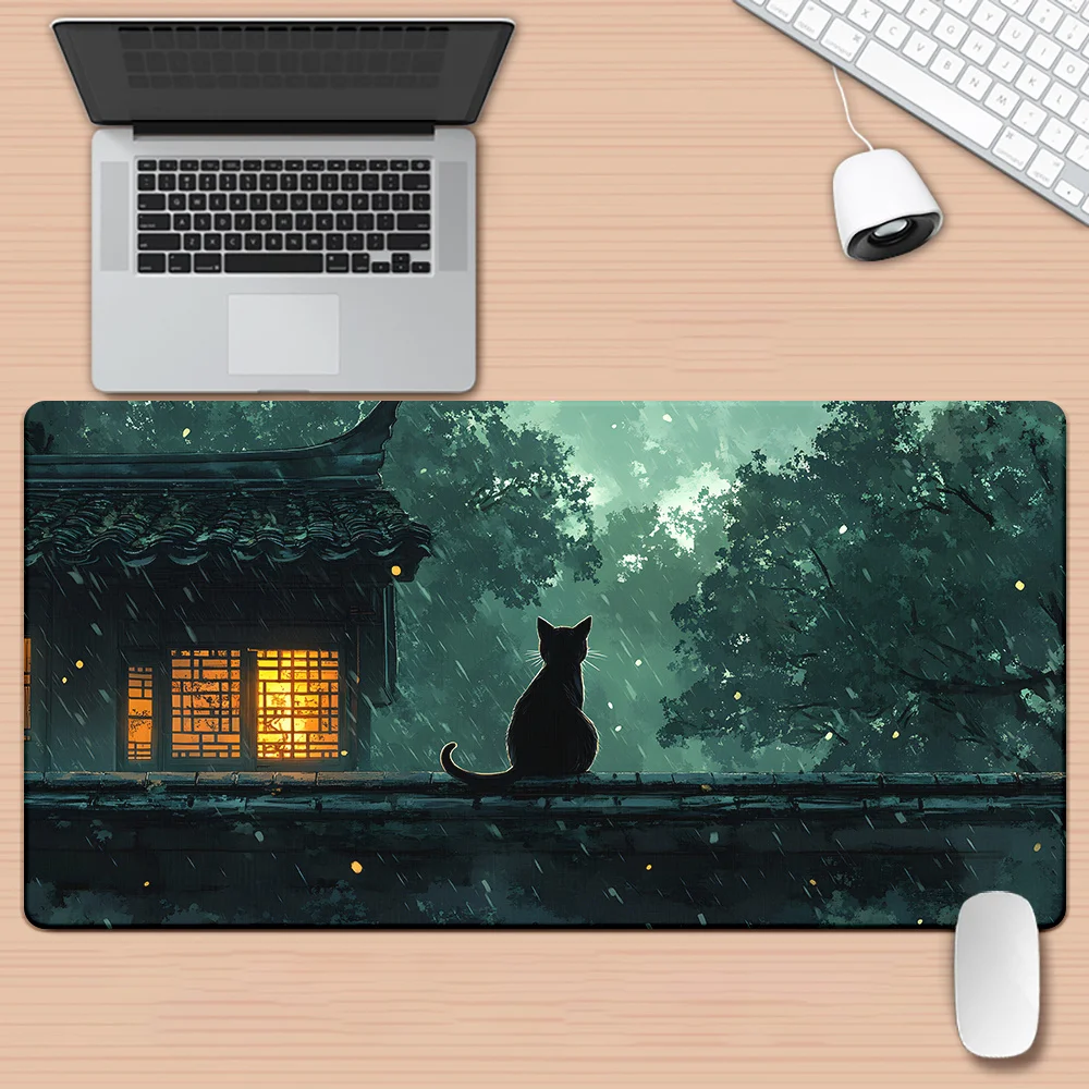 

1 шт., коврик для мыши XXL с принтом высокой четкости «Маленький черный кот» на дождливый день — противоскользящая резиновая основа, коврик для игрового стола