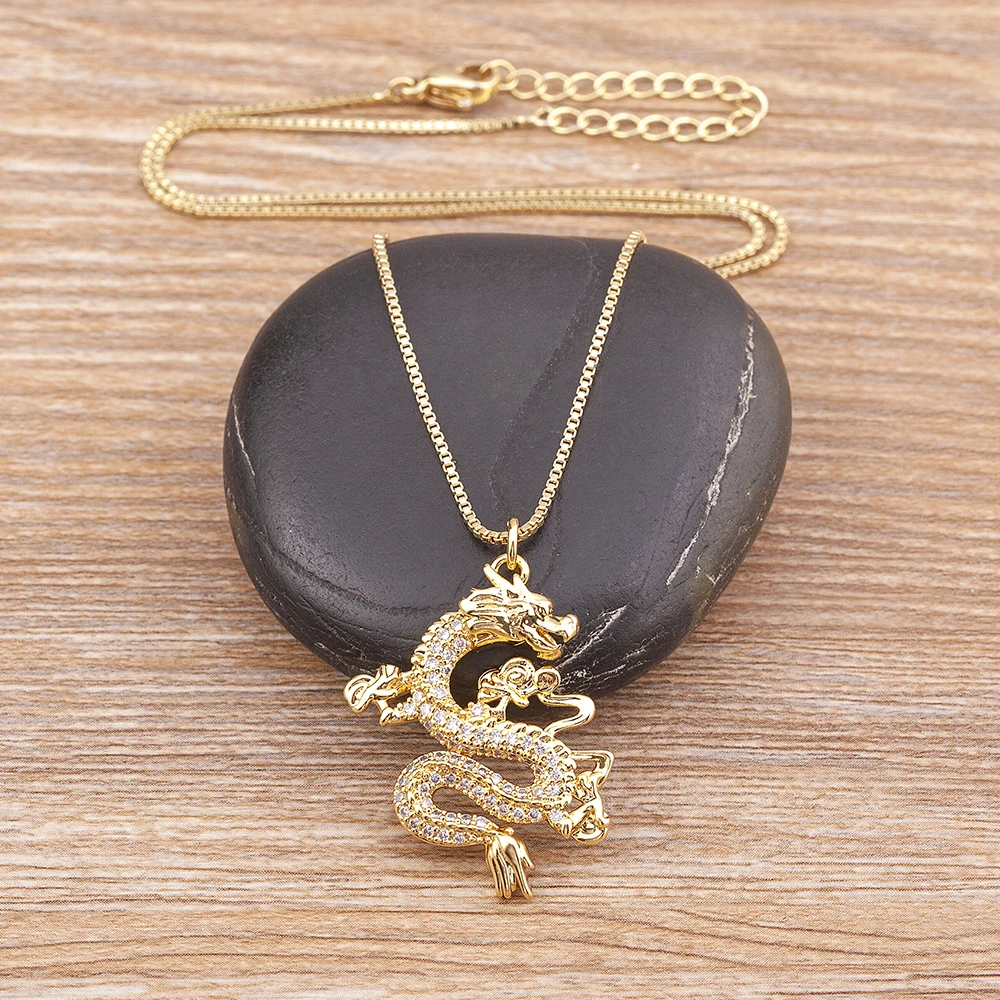 Nidin Mascot Dragon Pendant Jewelry Micro Pave Zircon Necklaces  Women Men Gold Color Long Chain Ornaments Lucky Symbol Gifts