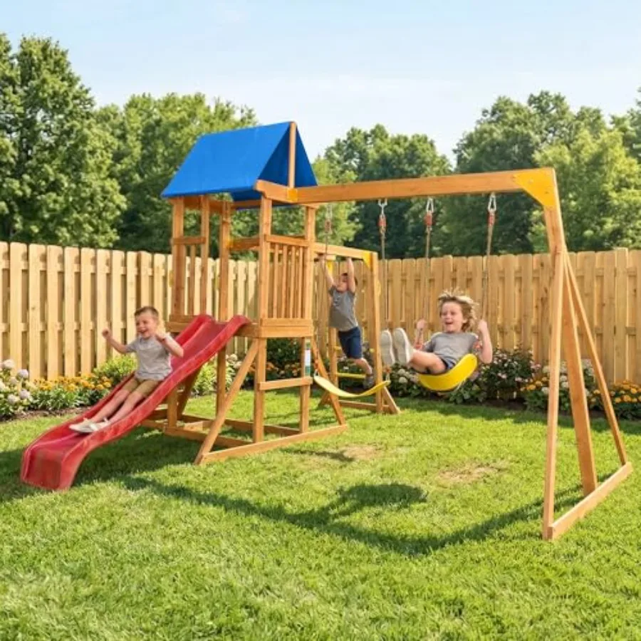 

Backyard playground set with monkey bars: wooden outdoor playset for kids 3-6 blue and natural wood weather-resistant construct