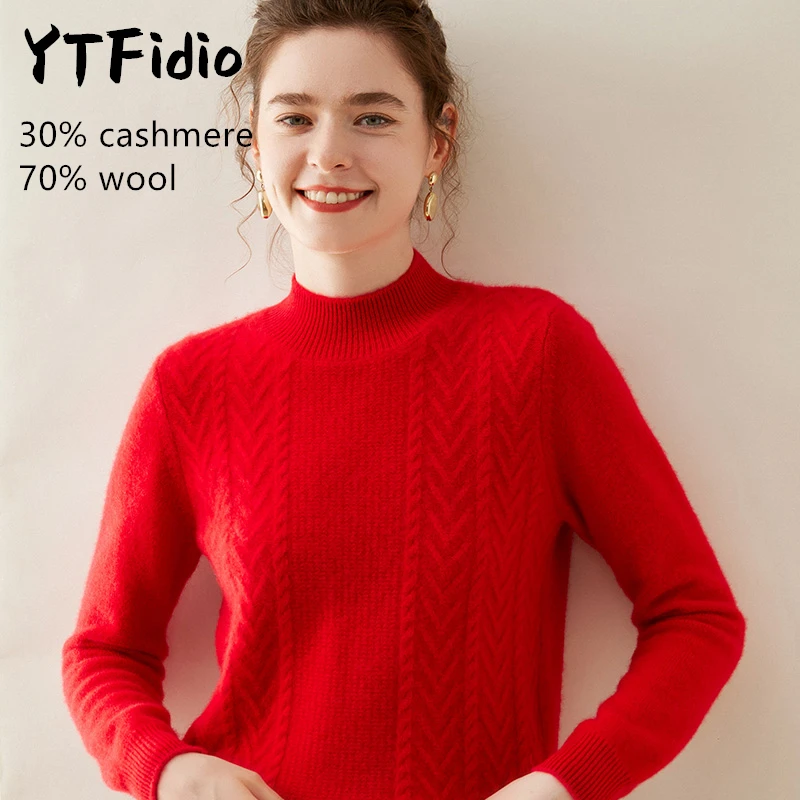 YTFidio-Suéter de lã merino feminino, pescoço simulado, macacões em V, malhas monocromáticas, pulôver casual, tops de manga comprida, 122