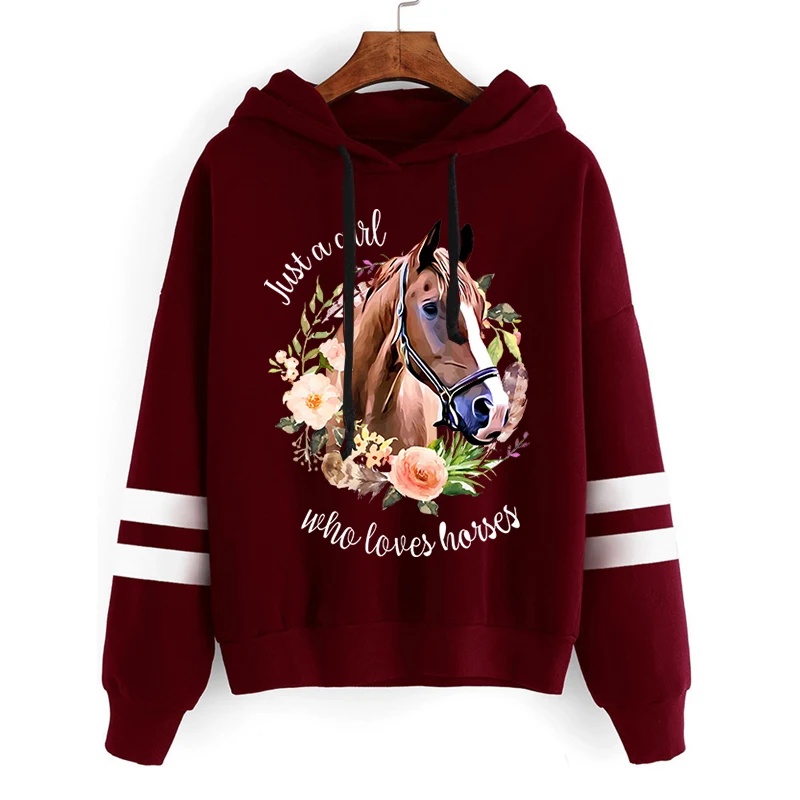 Harajuku Fashion Just A Girl Who Loves A Horse Y2k Hoodies Flower Horse Long Sleeves Women Casual High Street Tracksuit Sweater