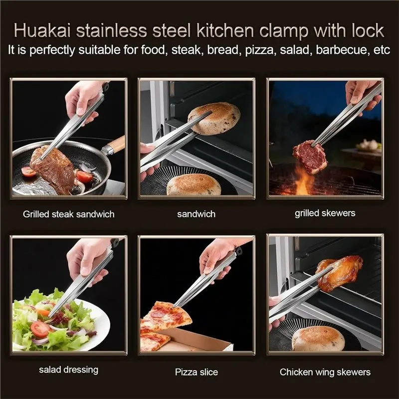 ABGH-For Steaks, Bread Pizza Salad Capable 12-Inch Locking Stainless Steel Kitchen Tongs Multi-Function Grill Tongs