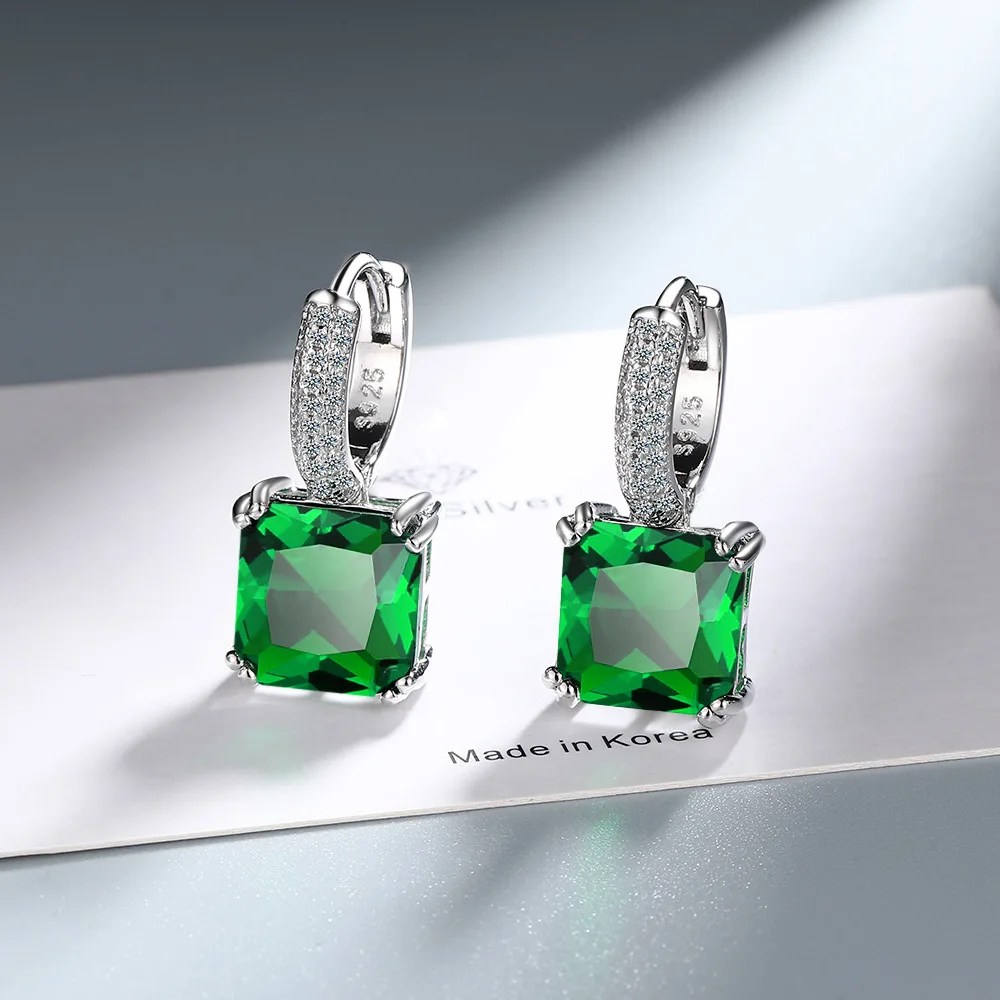Princess Cut Green Simulated Nano Emerald 925 Sterling Silver Square Hoop Earring for Women Statement Gemstone Jewelry Huggies