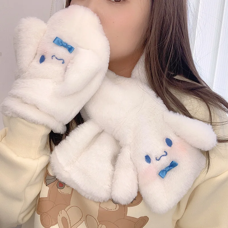 New Anime Sanrio Scarf Cinnamoroll Kawaii Cartoon Cute Thickening Warm Anti-Cold Hundred Match Plush Gloves Christmas Day Gift