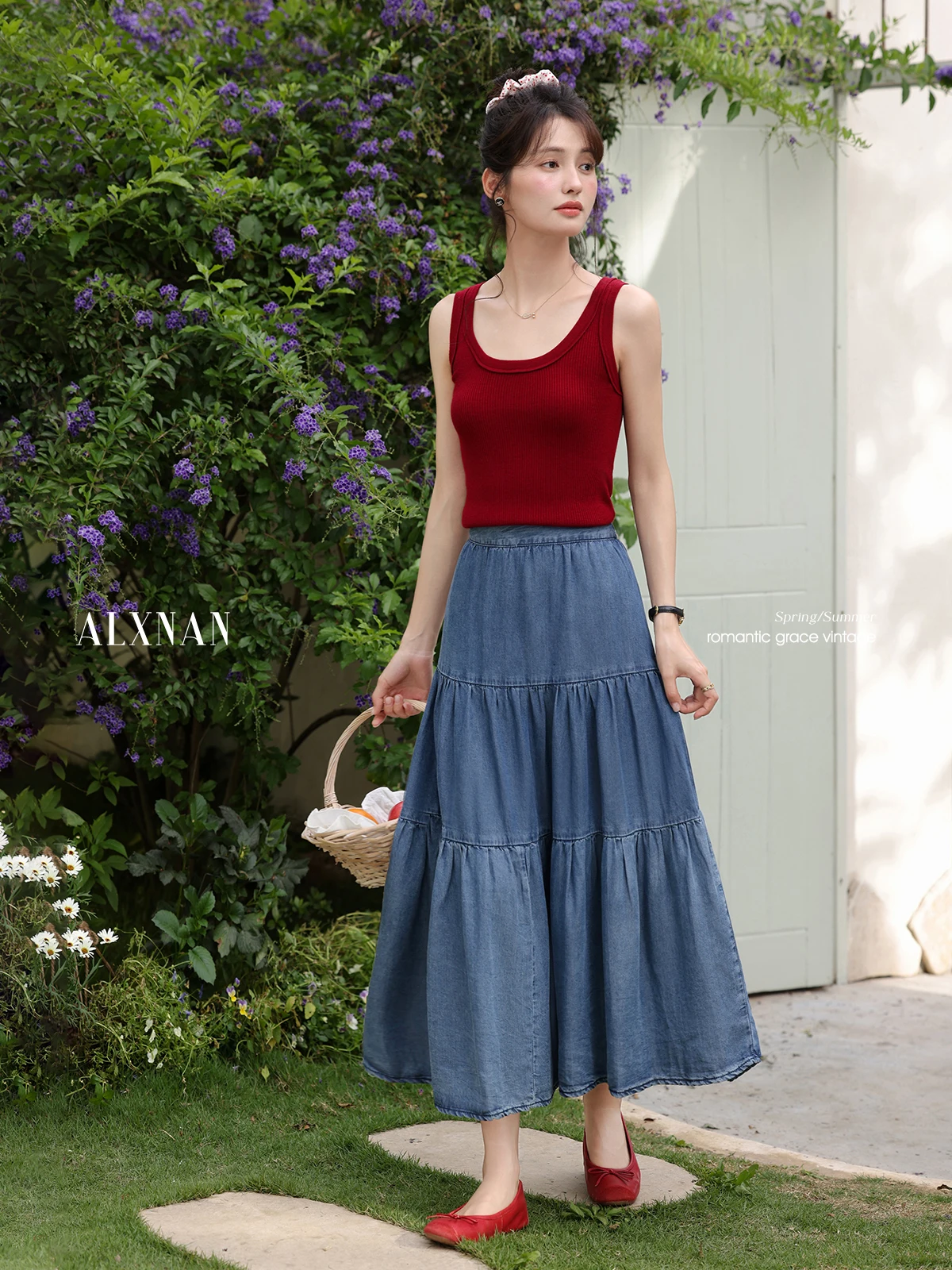 ALXNAN Women's Blue Denim Skirt Elegant High-waist A-line Lyocell Long Skirt 2025 Summer Casual Loose-fit Ladies Clothing L55770
