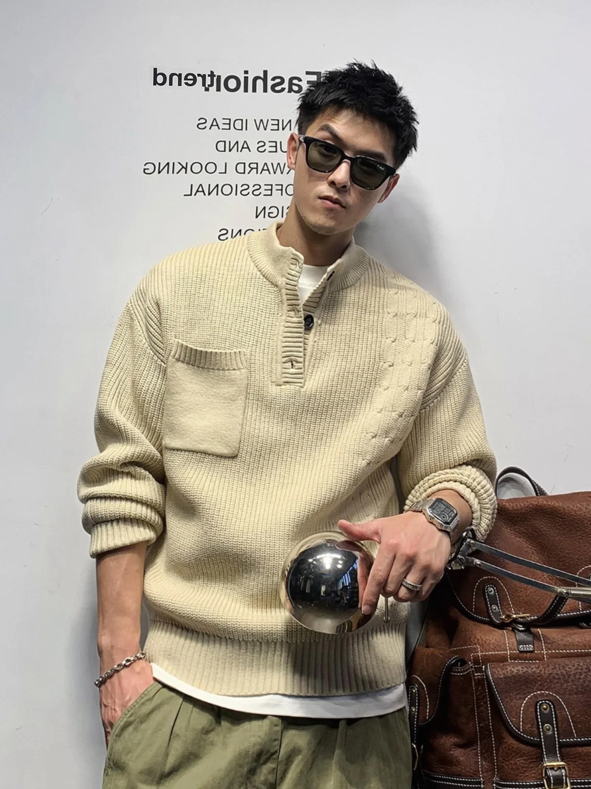 

Мужской свитер-куртка Design Sensation с карманом на воротнике, плотной вязки, в американском ретро-стиле, осенне-зимний, с длинным рукавом, молодежный