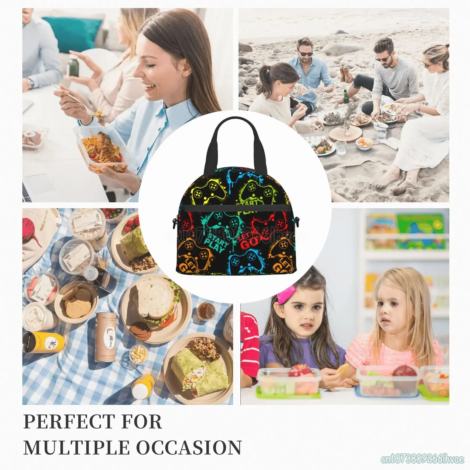 Colorful Joystick Game Lunch Bag Compact Tote Bag with Shoulder Strap Reusable Lunch Box Container for Women Men School Work