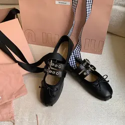 Franse Retro Strik Ondiepe Mond Balletschoenen Vrouwen Mode Mary Jane Schoen 2024 Zomer Herfst Nieuwe Ronde Hoofd Vetersluiting Flats