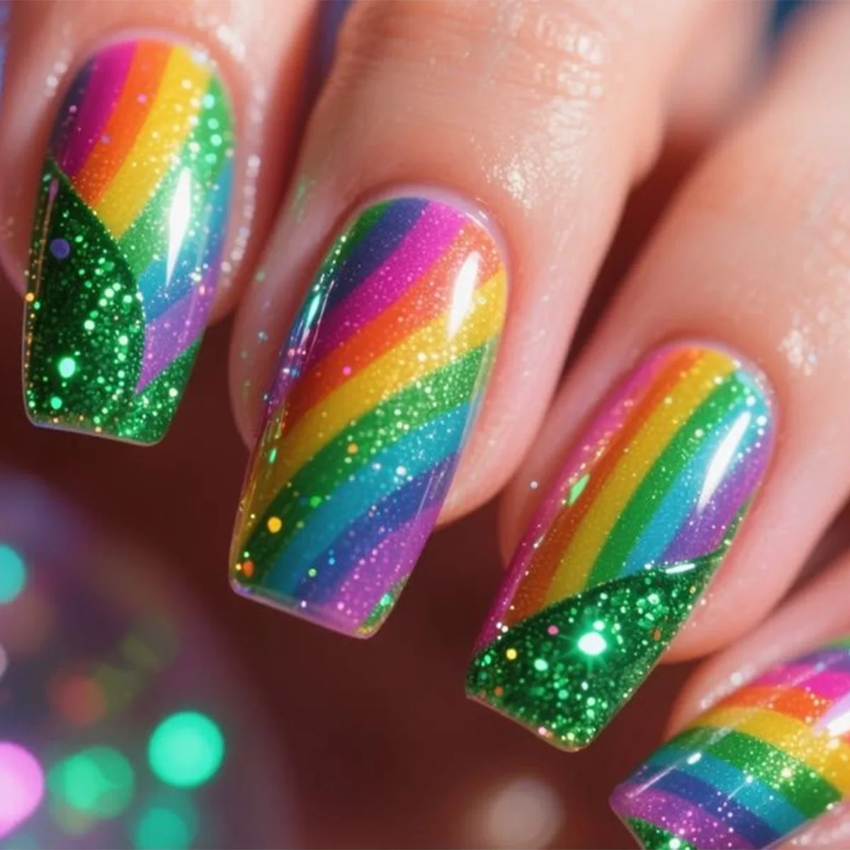 24Pcs Rainbow Glitter Press On Nails gradient candy rainbow colors Square shaped glossy nail tips full cover press on false nail
