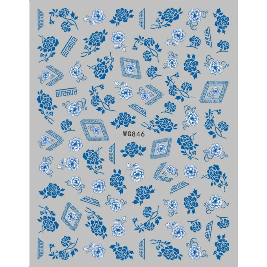 Blue and White Porcelain Nail Decals, Vintage Style Self-Adhesive Nail Art Stickers for DIY Nail Tips Decoration