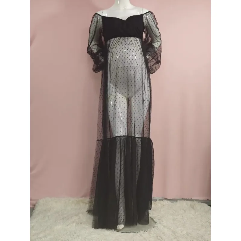 Cross Border Mesh Maternity Skirt with Bubble Sleeves  Soft Mesh Slit  Polka Dot Chiffon  Strapless V-neck Robe  Pajamas
