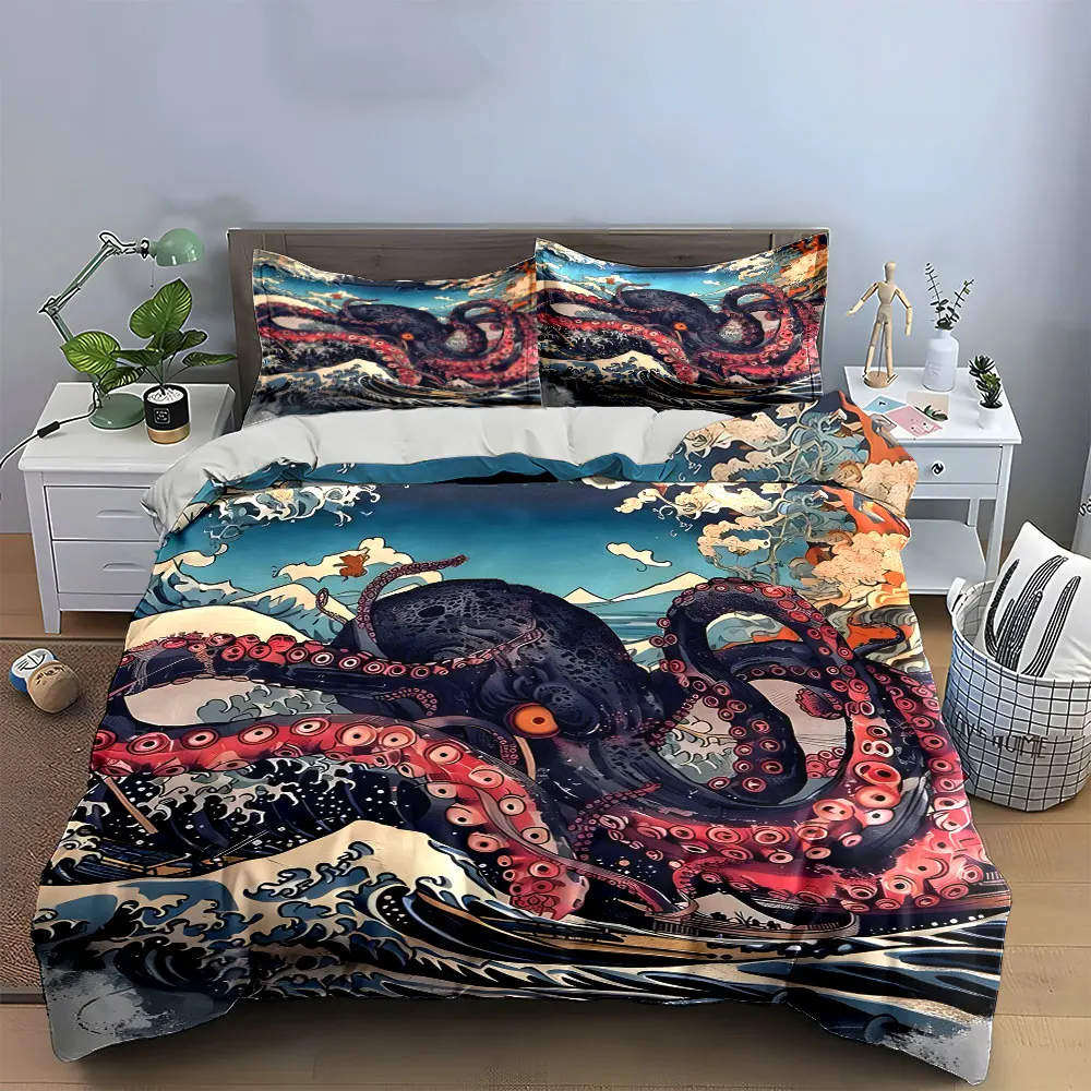 3Pcs Great Wave Octopus Bedding Set, Hokusai Inspired Sea Monster Print Duvet Cover, Traditional Japanese Style