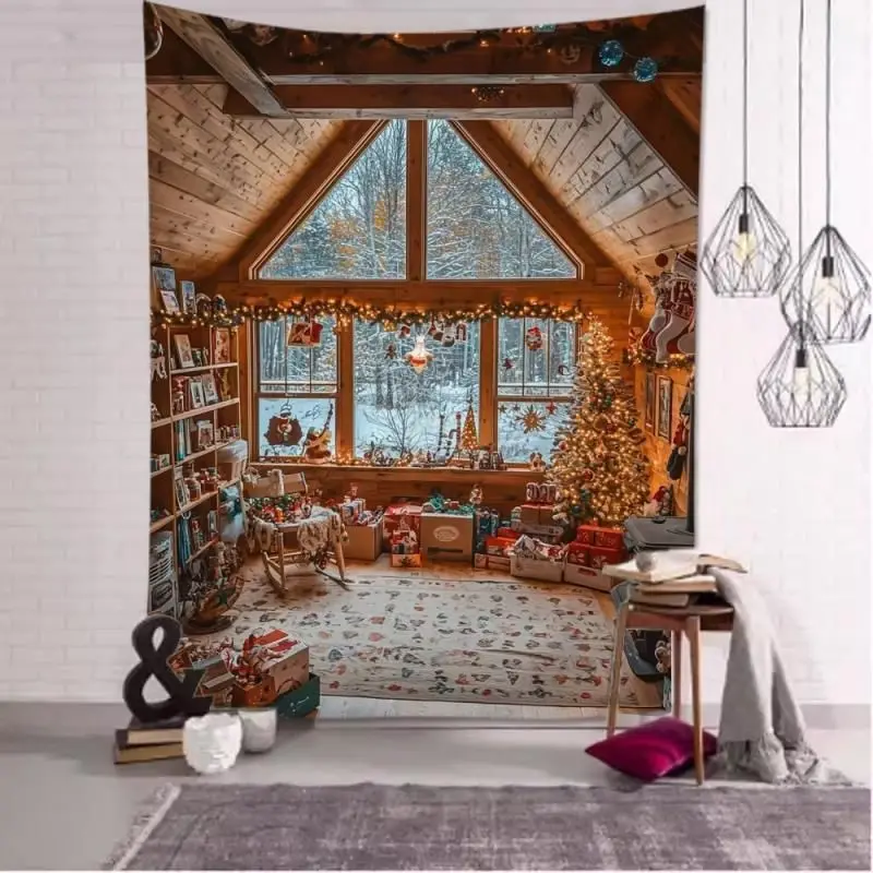 VIKAMA Wall Tapestry Christmas Cabin Workshop Window Snow Tree Toys Gifts Lights Winter Holiday Wall Hanging Home Decor Living