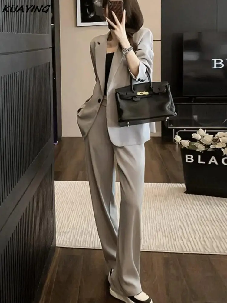 Women Chic Blazer High Waist Straight Pants Suits Vintage Solid Long Sleeve Office Lady 2 Pieces Sets Female Fashion Clothes