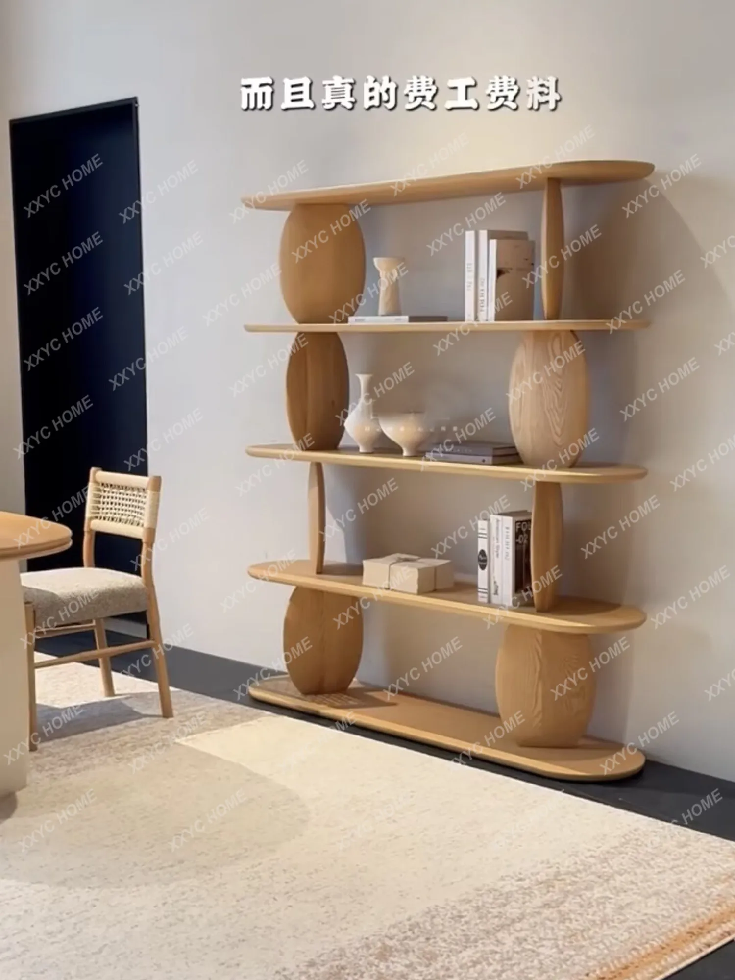 Medieval solid wood oak cream wind bookshelf against the wall simple decorative storage rack art storage