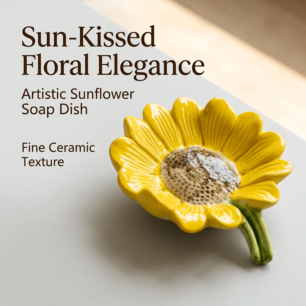 Sunflower Ceramic Soap Dish Drainable Flower‑Shape Soap Holder Creative Decorative Soap Tray for Bathroom Kitchen Countertop Soa