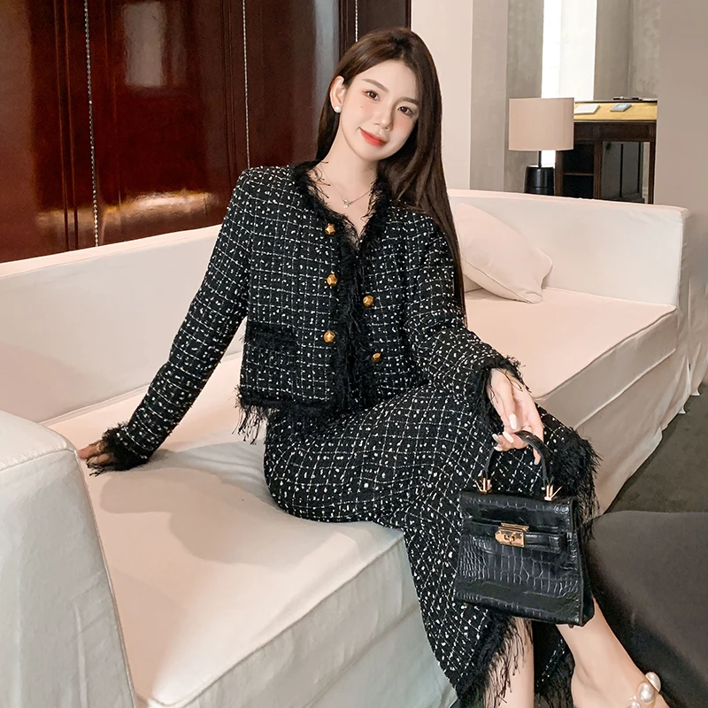 2023 New Luxury Winter Autumn Women 2 Piece Set Tweed Wool Tassel Vintage Black Plaid Jacket Coat Outwear+Long Skirts Sets