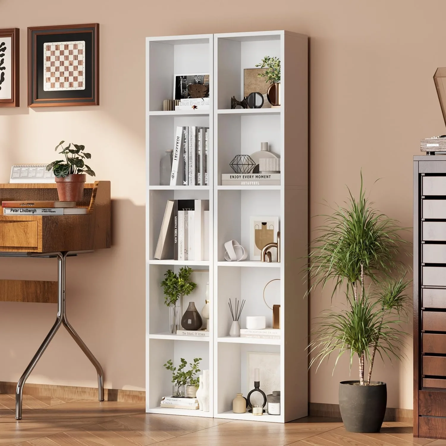 

Tall Narrow Bookshelf Set of 2, 5-Tier Cube Display Rack, Modern Corner Bookshelf with Storage Space, CD Storage Cabinet