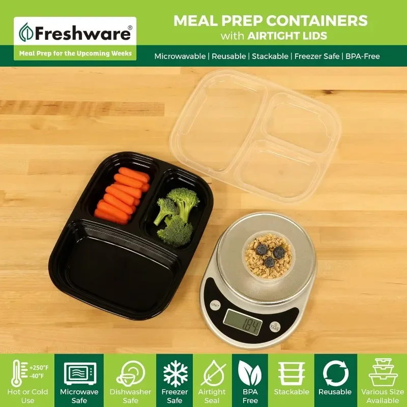 3 Compartment with Lids, Food Storage Containers, Bento Box, BPA Free, Stackable, Microwave/Dishwasher/Freezer Safe (24 oz)