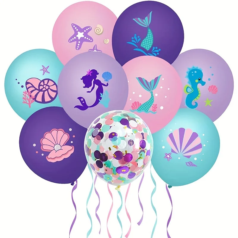 10pcs Mermaid Balloon Printed Colorful Paper Scrap Latex Blue Purple Ocean Balloon Mermaid Party Decoration Supplies