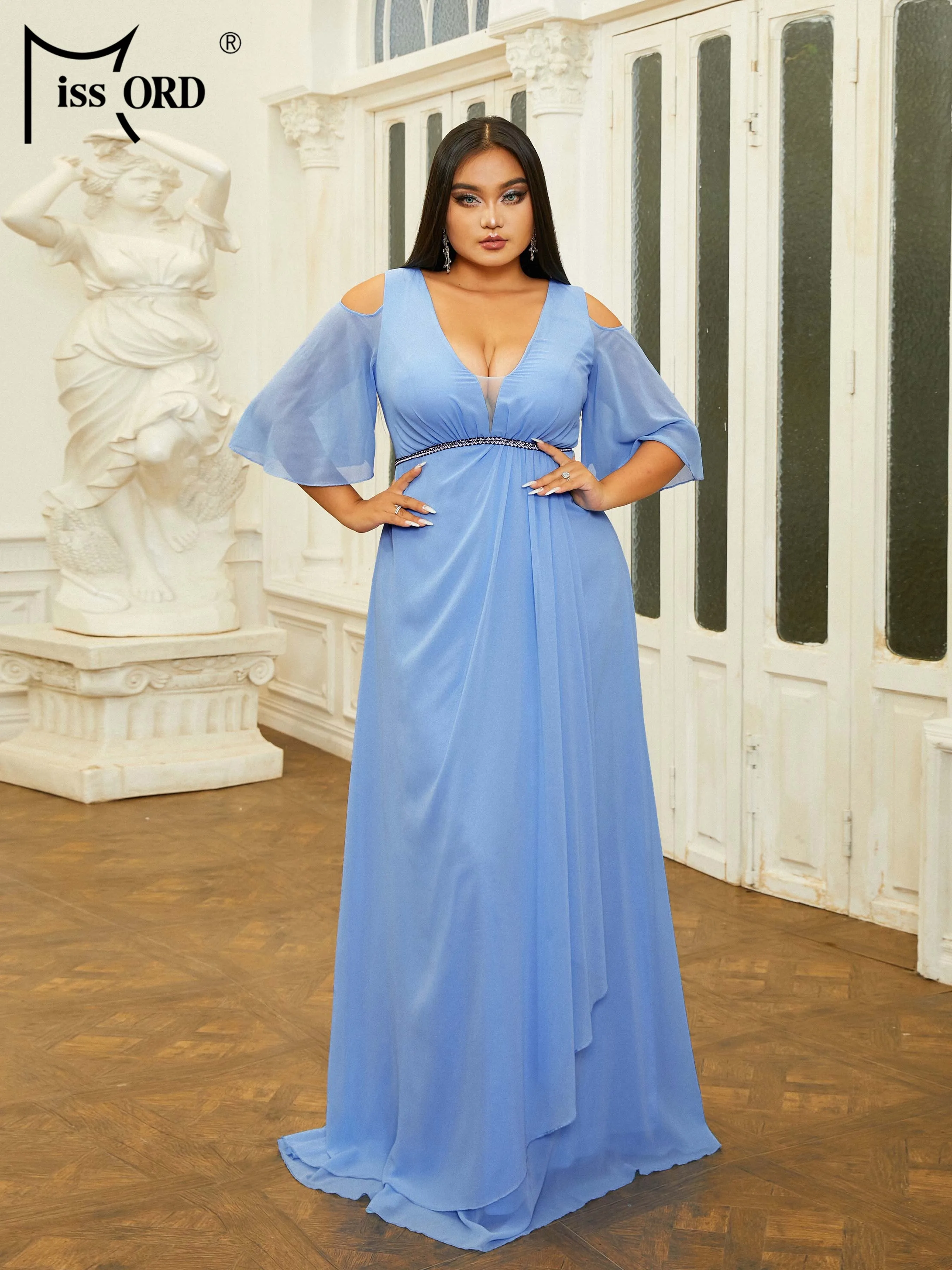 Missord New Plus Size Blue V Neck A Line Evening Fashionable Exquisite Prom Dress