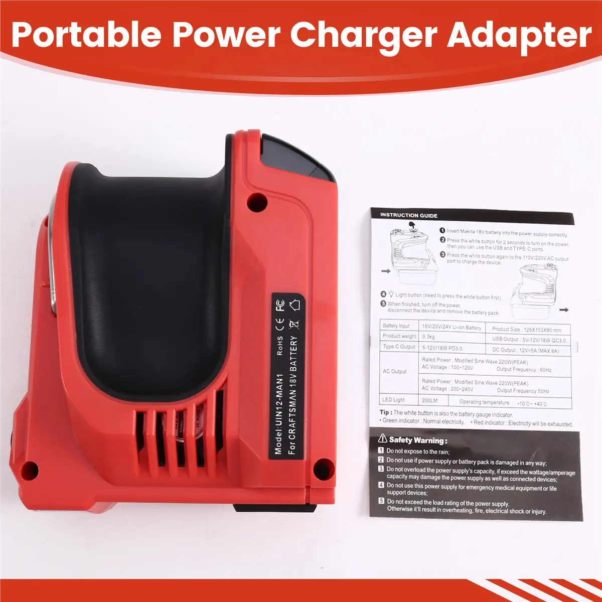 

(ABDH) Портативный инвертор-адаптер питания 180 Вт для аккумулятора Craftsman 20 В, преобразователь DC20V в AC 110V с USB и Type-C, вилка стандарта США
