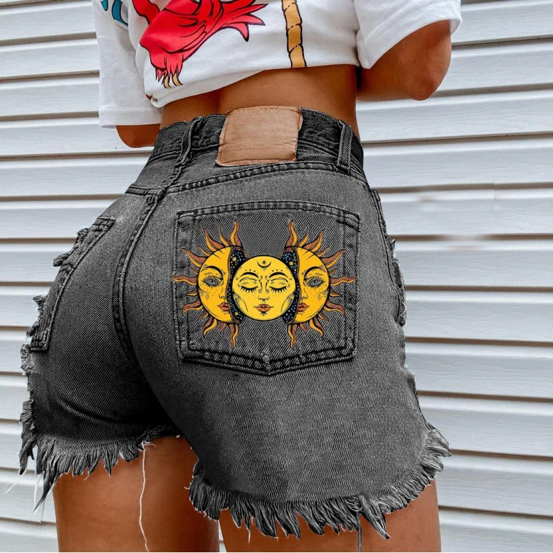 Summer 2026 Women's Fringed Distressed Casual Jeans Denim Shorts Printed High Waist Short Length Summer Fashion
