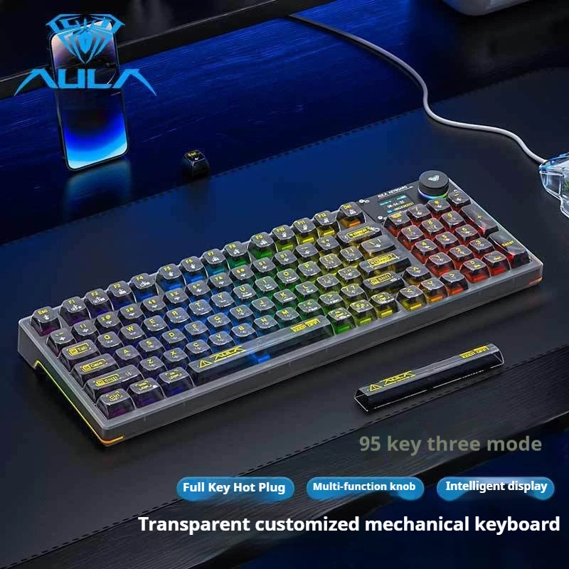 

AULA F98PRO Wireless Mechanical Keyboard 2.4G Wireless Bluetooth Hot Swappable Transparent RGB Backlit Custom Gaming Keyboard