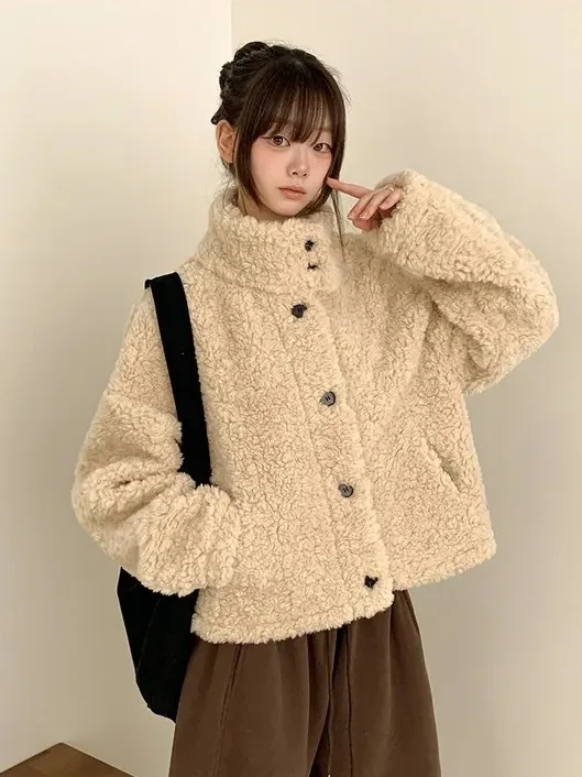 Chic ort Thiened Lamm Pelz Jaet frauen Stehkragen Mantel Koreanische Sle Lose Fit Winter Faion Weiche Milch Farbe mantel