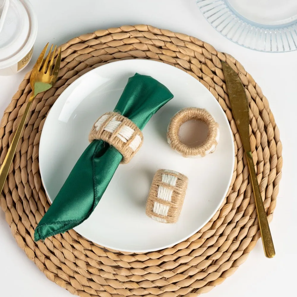 6 Piece Simple Linen Cylinder Napkin Ring Woven White Striped Napkin Holder Rustic Style Napkin Buckle New Year