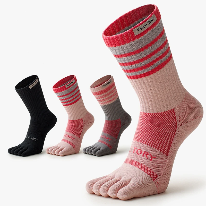 

1 пара женских спортивных носков COOLMAX с розовыми полосками, быстросохнущие, впитывающие пот, эластичные, с пятью пальцами, уличные велосипедные носки