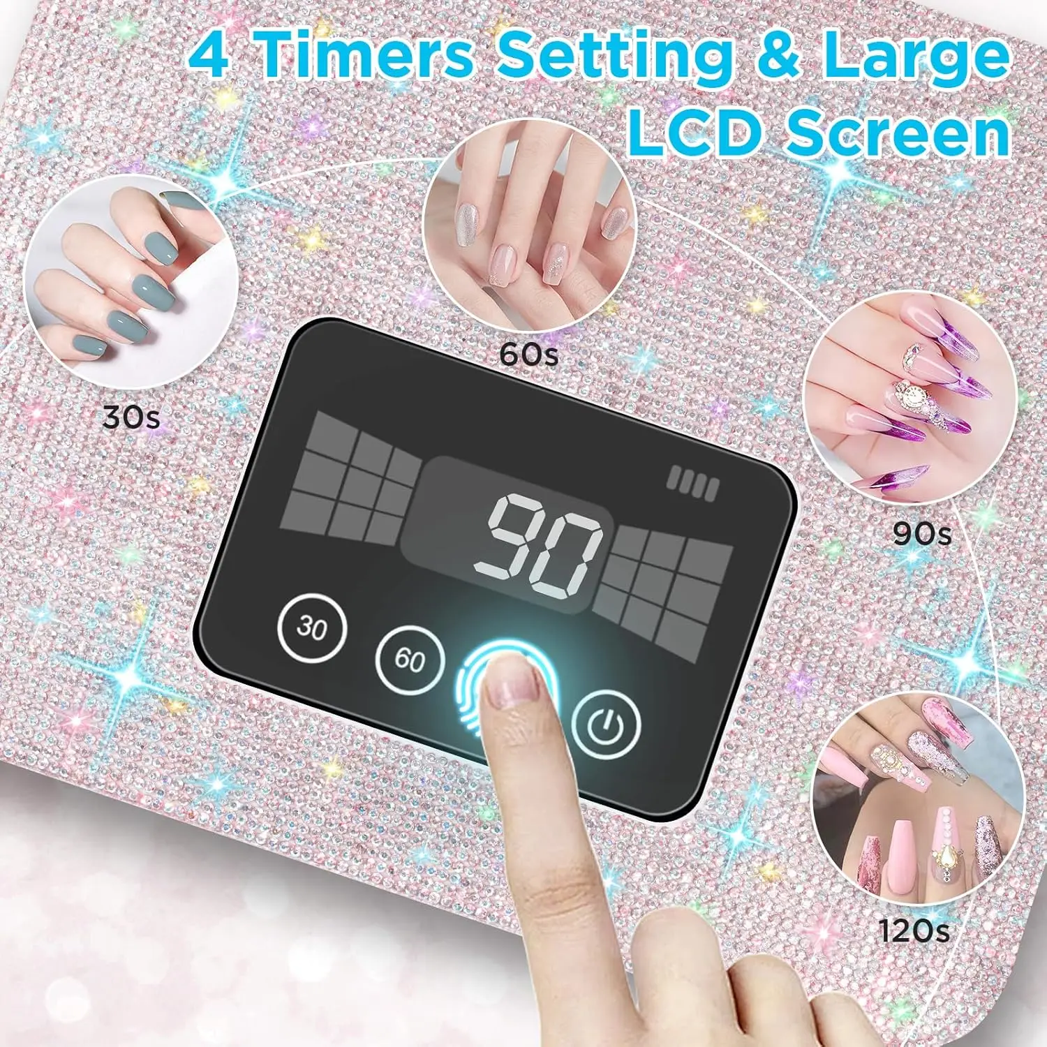 Lampe à ongles LED UV sans fil rechargeable avec 4 modes de minuterie et strass scintillants pour ongles en gel