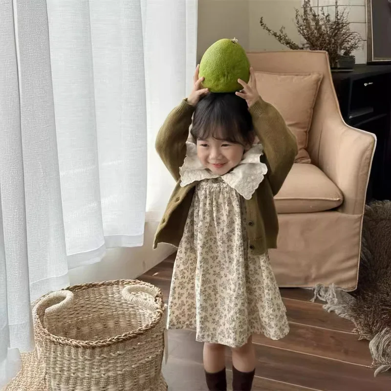 

Spring and Autumn New Girls Floral Collar Dress Children's Vintage Embroidered Collar Long Sleeve Dress