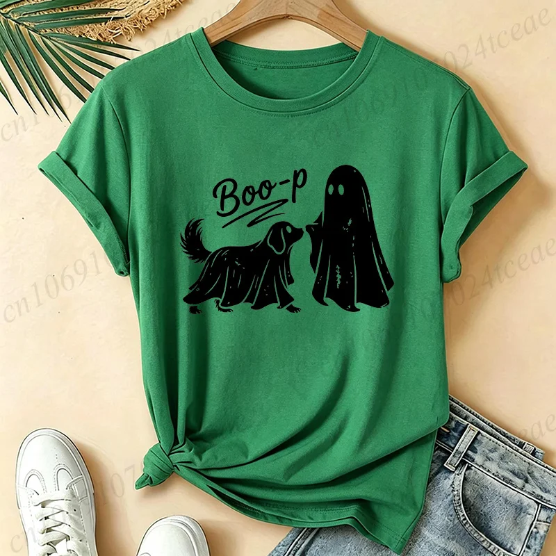 Women's T-Shirts Short Sleeve Tees Ghost Dog Print T-Shirts Funny Halloween Dog Mom Design Spooky Season Shirts Clothes Gifts