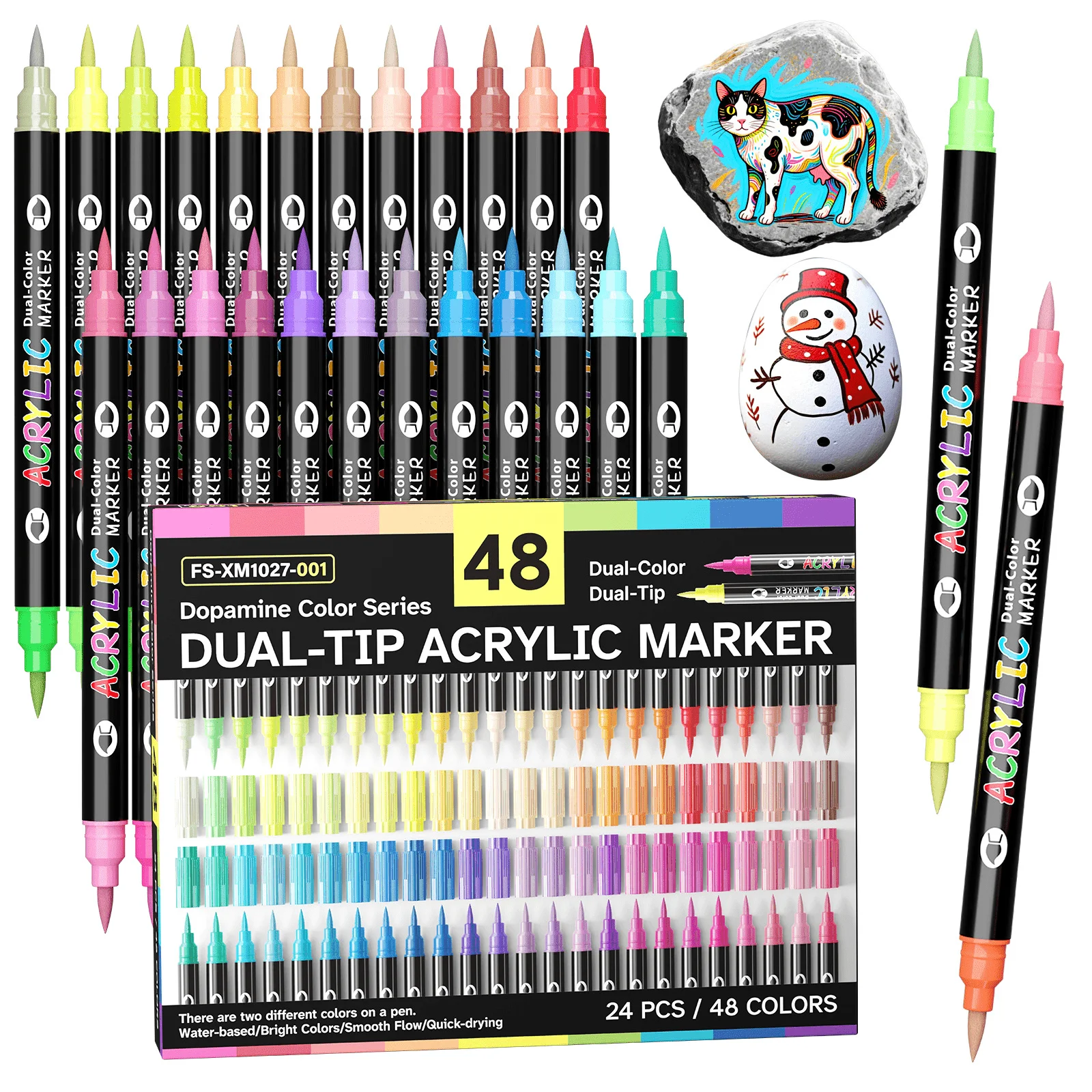FLYSEA 48-Color Vibrant Acrylic Markers, Dual-Ended Design with Brush Tip and 1mm Fine Tip, Suitable for Various Surfaces