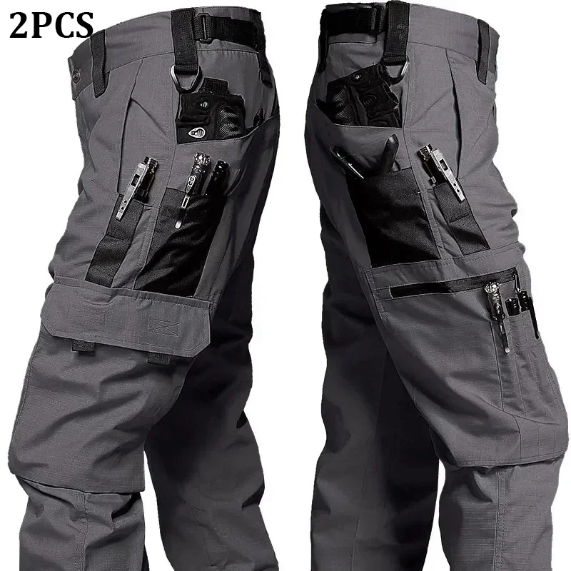 Men's Tactical Pants Casual Hiking Mountaineering Cargo Pant Work Trainning Pants Adjustable Scratch-Resistant Trousers 2PCS