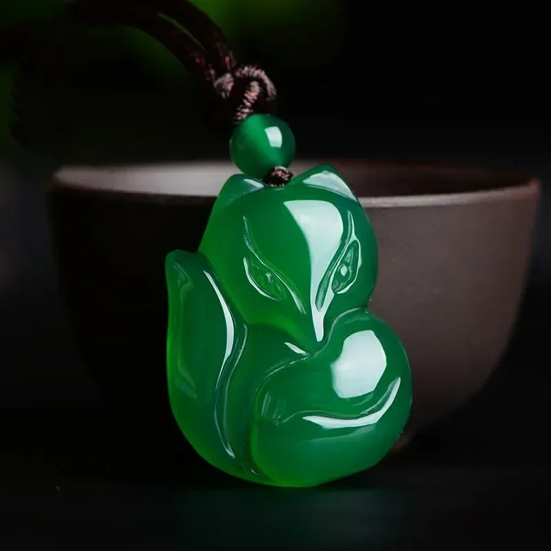 Jade Fox Necklace Pendant Natural Green White Chalcedony Chinese Fashion Charm Jewelry Carved Amulet Gifts for Women Men