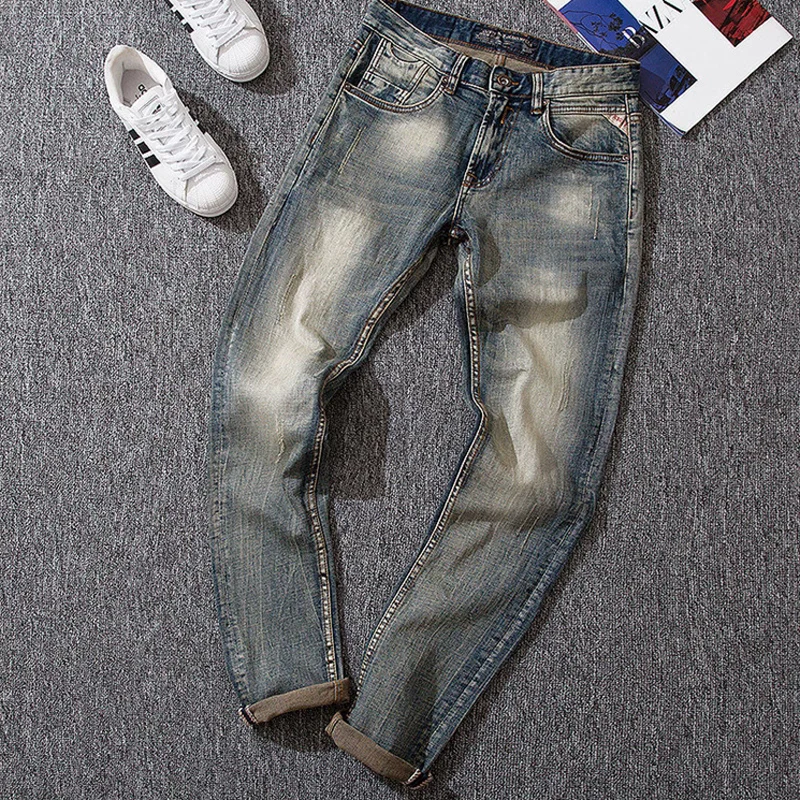 Fashionable new men's jeans with high-quality stretch and slim fit, retro washed blue jeans, Italian casual designer pants, homb