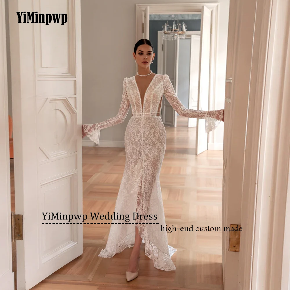 Kant Trouwjurken Luxe 2025, Zeemeermin Volledige Mouw Split Vooraan Bruidsjurken Applique Sweep Trein Vestidos De Novia Aangepast