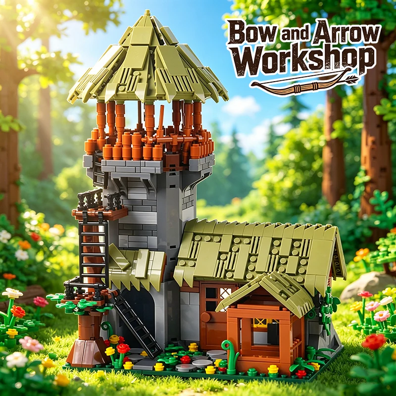 

Medieval House Archer's Workshop Building Blocks Bow and Arrow Shop Architecture Model Cottage Log Cabin Assemble Brick Toy Gift