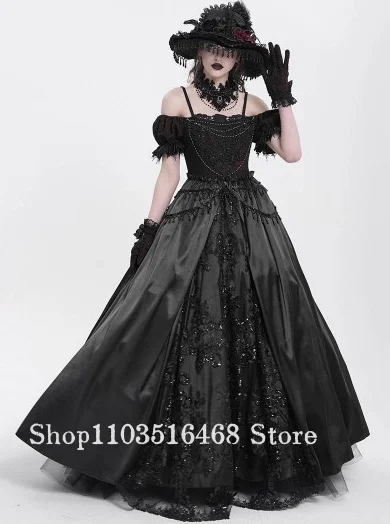 

Black Gothic Off The Shoulder Party Prom Dress with Beaded Lace Appliques Long Halloween Cosplay Customised