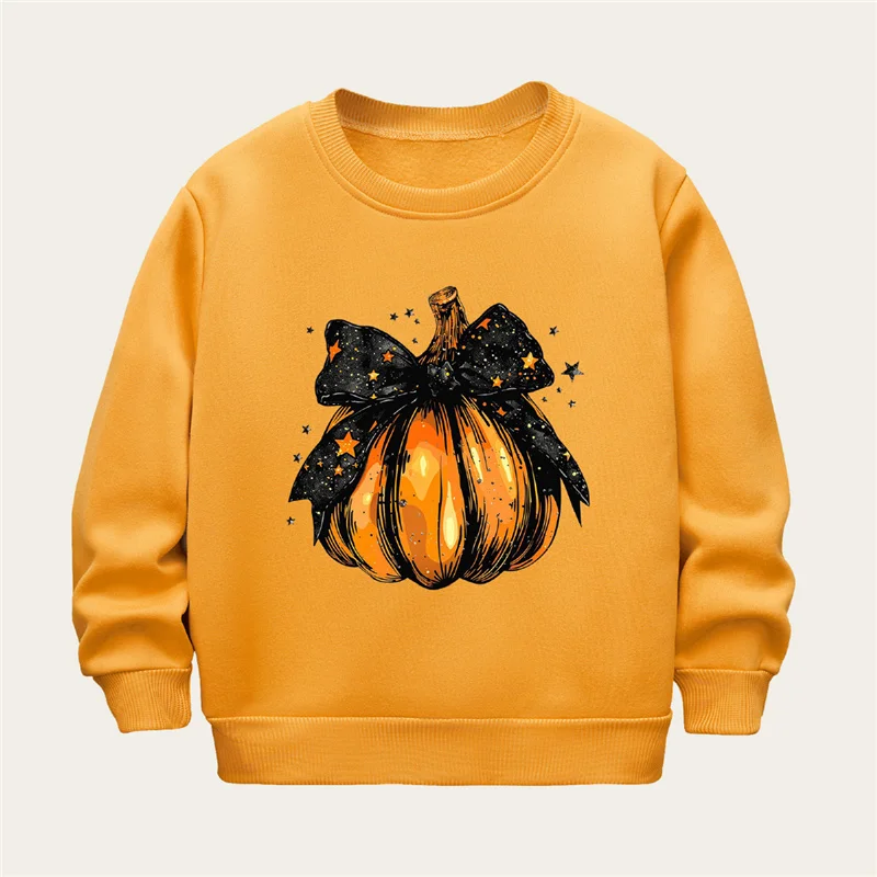 Kids Bow Pumpkin Halloween Sweatshirt Autumn Children Thanksgiving Crewneck Clothing Boys Girls Harajuku Retro Pullover 3-10Y