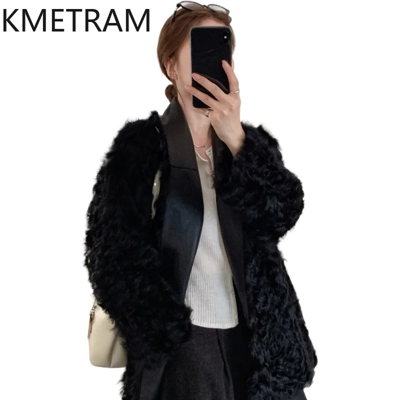 معطف فرو طبيعي من KMETRAM من جلد الغنم Xiaohu مع صوف مرفق مزدوج الوجه عالي الجودة على طراز هيبورن 2025 سترة شتوية للنساء