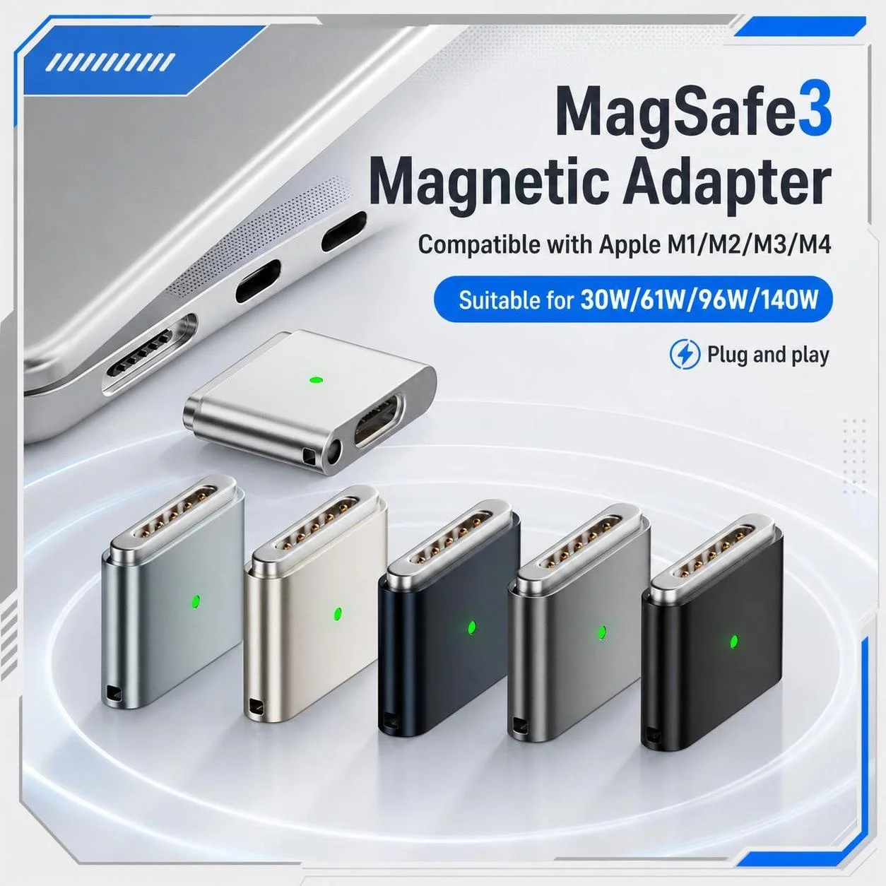 BEISE 100W PD Type-C to Mag3 Connector Adapter, Magnetic Fast Charging Converter for MacBook Air / Pro M1 M2 M3 M4 M5 Series