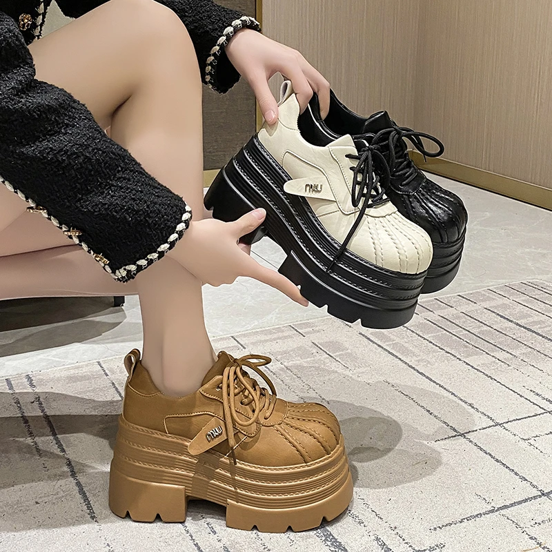 New 2025 Spring Women\'s Leather Sneakers High Platform Lace-up Casual Shoes Thick Sole 10CM Heels Walking Shoes Zapatos Mujer